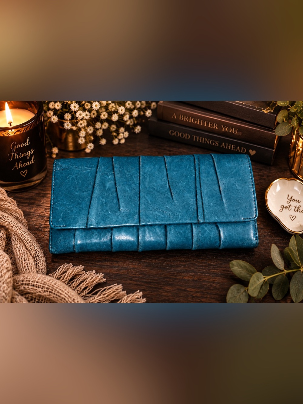 HOBO International Teal Blue Leather Continental Wallet Floral Interior
